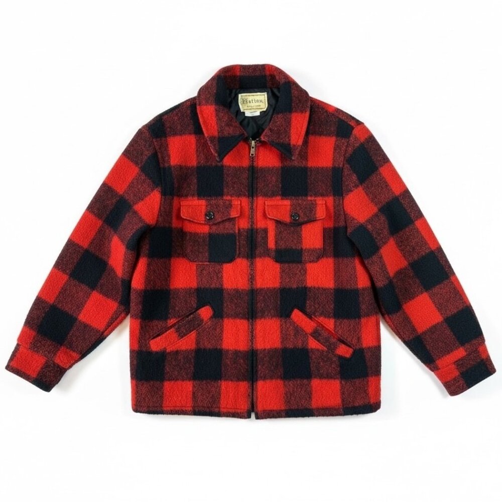 Vintage Melton Buffalo Plaid Wool Jacket Red Black Zip Hunting Coat Men’s L